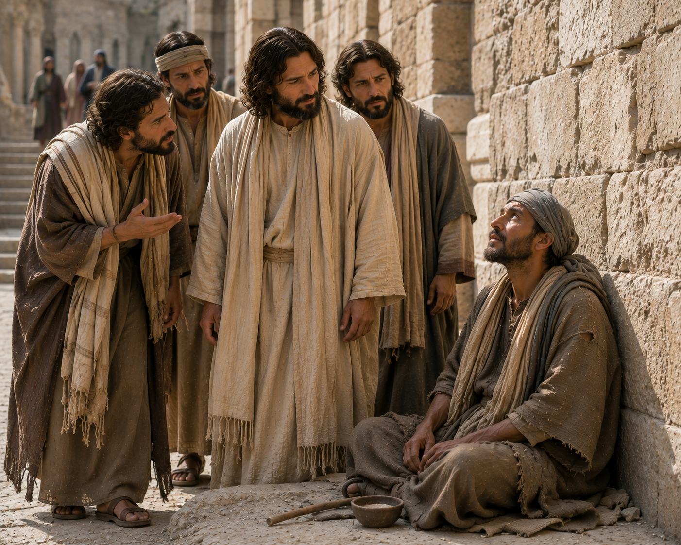 Jesus och tre lärjungar står framför en sittande man vid en stenmur medan en av lärjungarna gestikulerar mot honom.