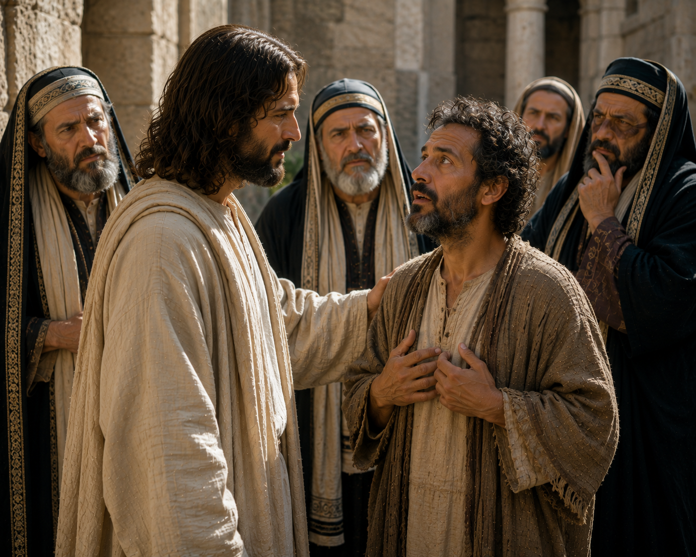 Jesus rests a hand on a man's shoulder as the man looks up at him and several stern religious leaders stand around them.