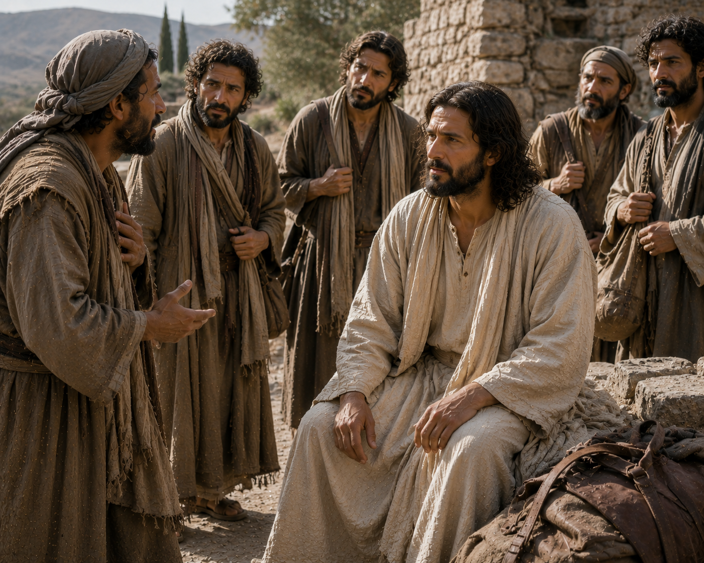 Jesus sits beside a stone wall listening to a man who speaks to him while several disciples gather around them.
