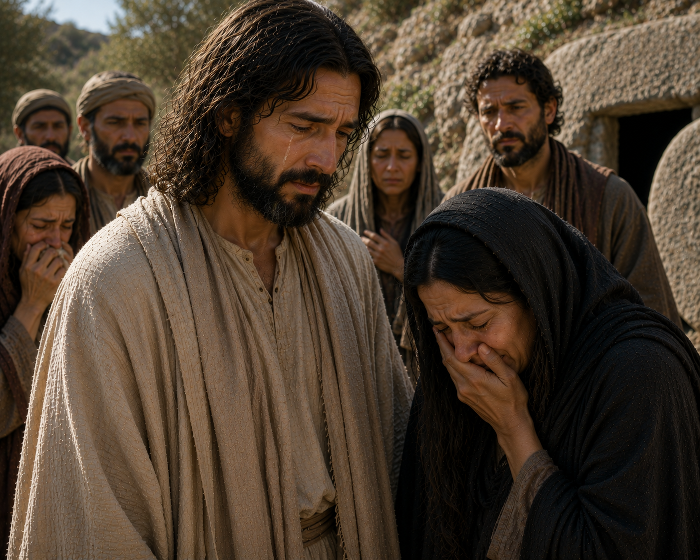 A tear runs down Jesus' cheek as he stands beside a weeping woman and other mourners outside a rock tomb.