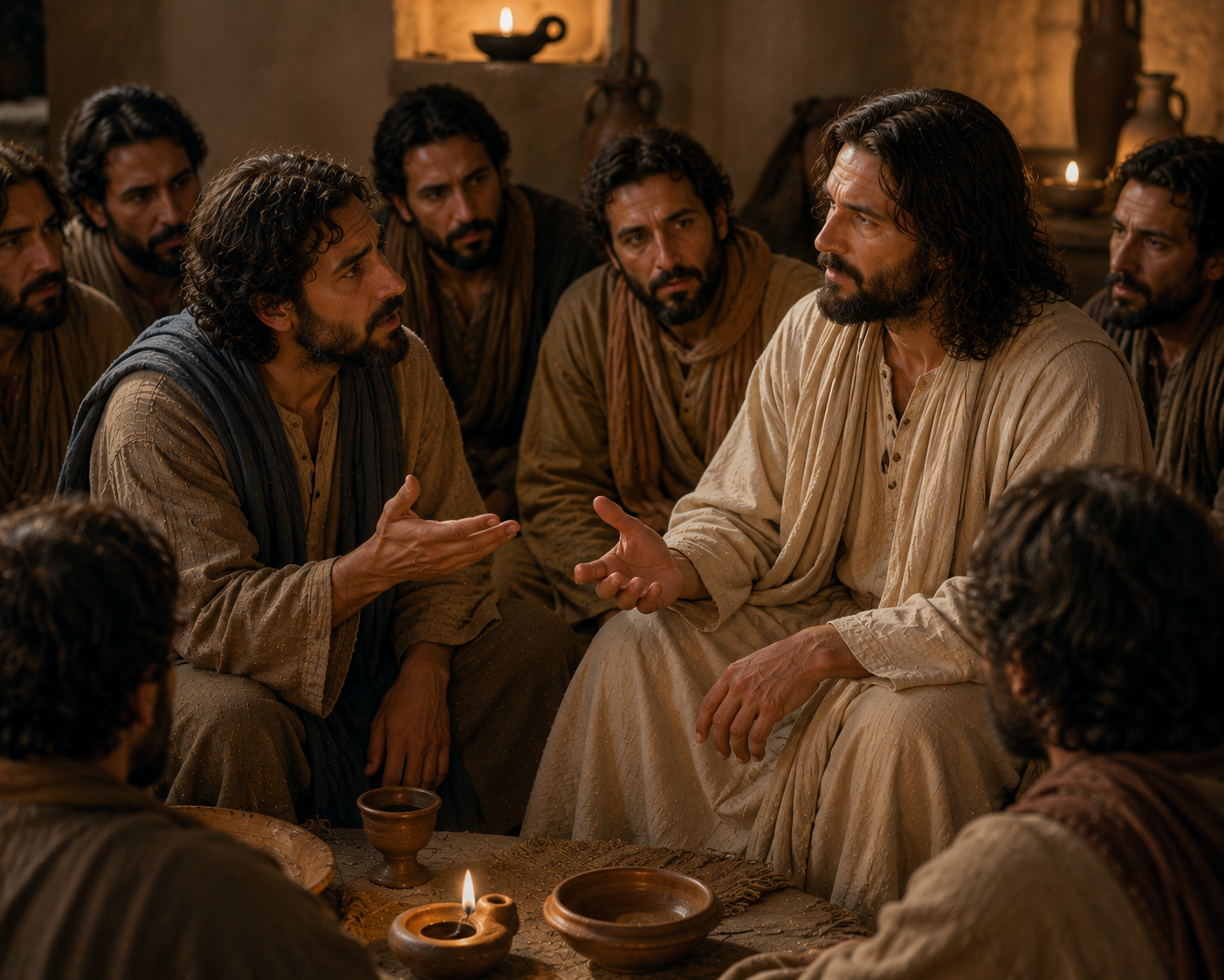 Jesus sits in a lamplit room speaking with one disciple while the other disciples listen around them.