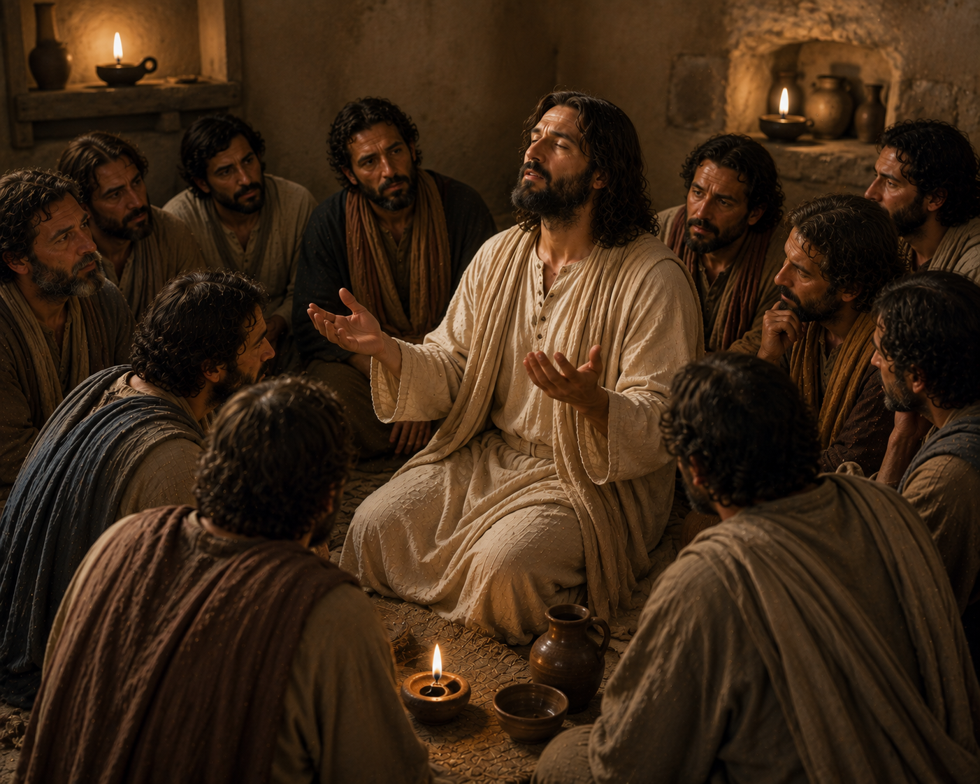Jesus sitter med slutna ögon och upplyfta händer i bön medan lärjungarna sitter tätt samlade omkring honom i ett lamplyst rum.