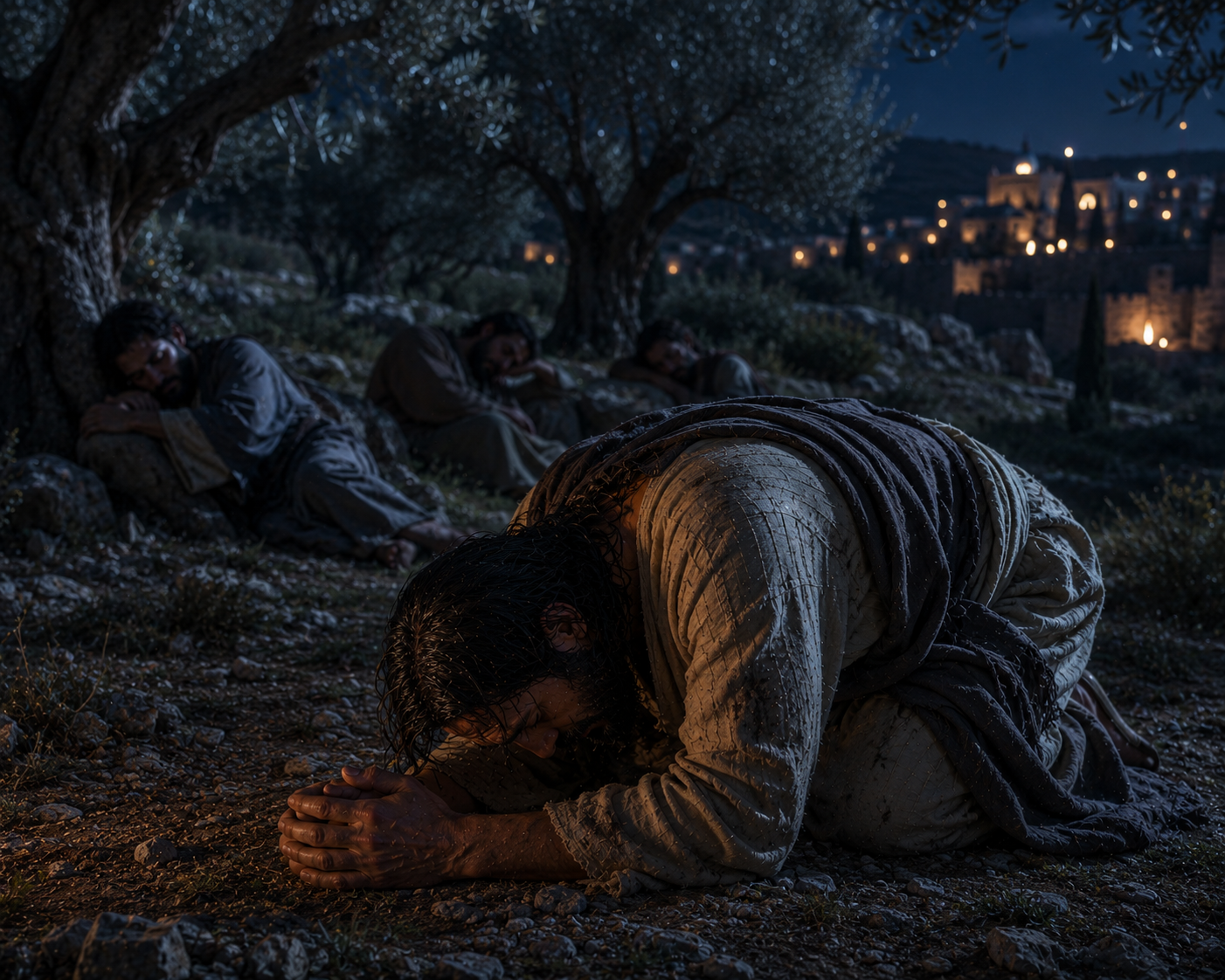 Jesus kneels with clasped hands beneath olive trees at night while three disciples sleep behind him.