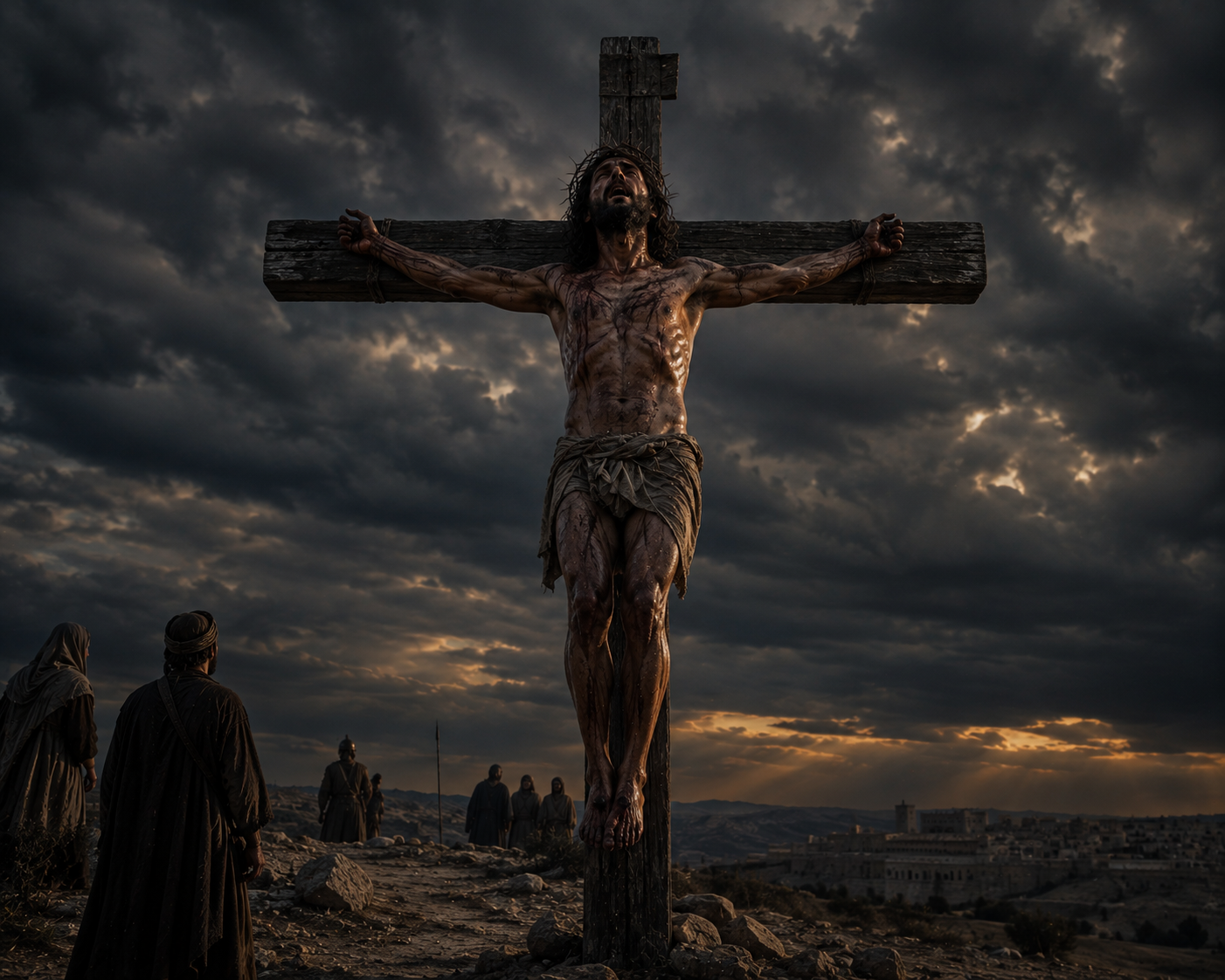 Jesus hänger sårad på ett kors under mörka stormmoln medan några människor står på avstånd nedanför.