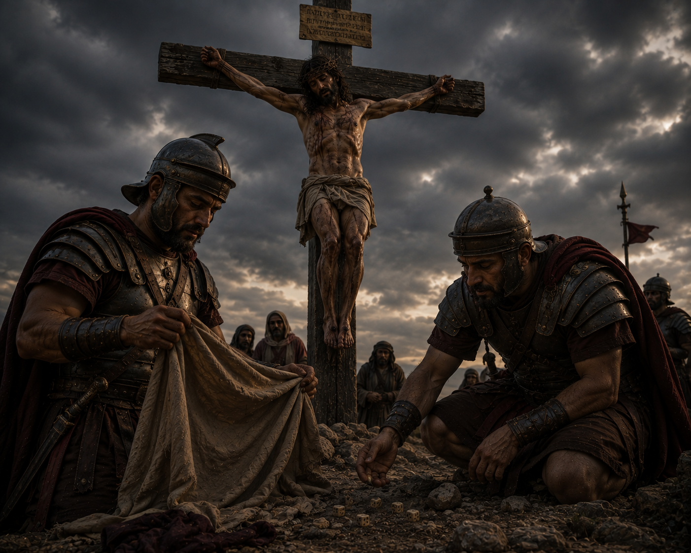 Jesus hangs on the cross behind two Roman soldiers who hold his garment and cast dice on the ground.