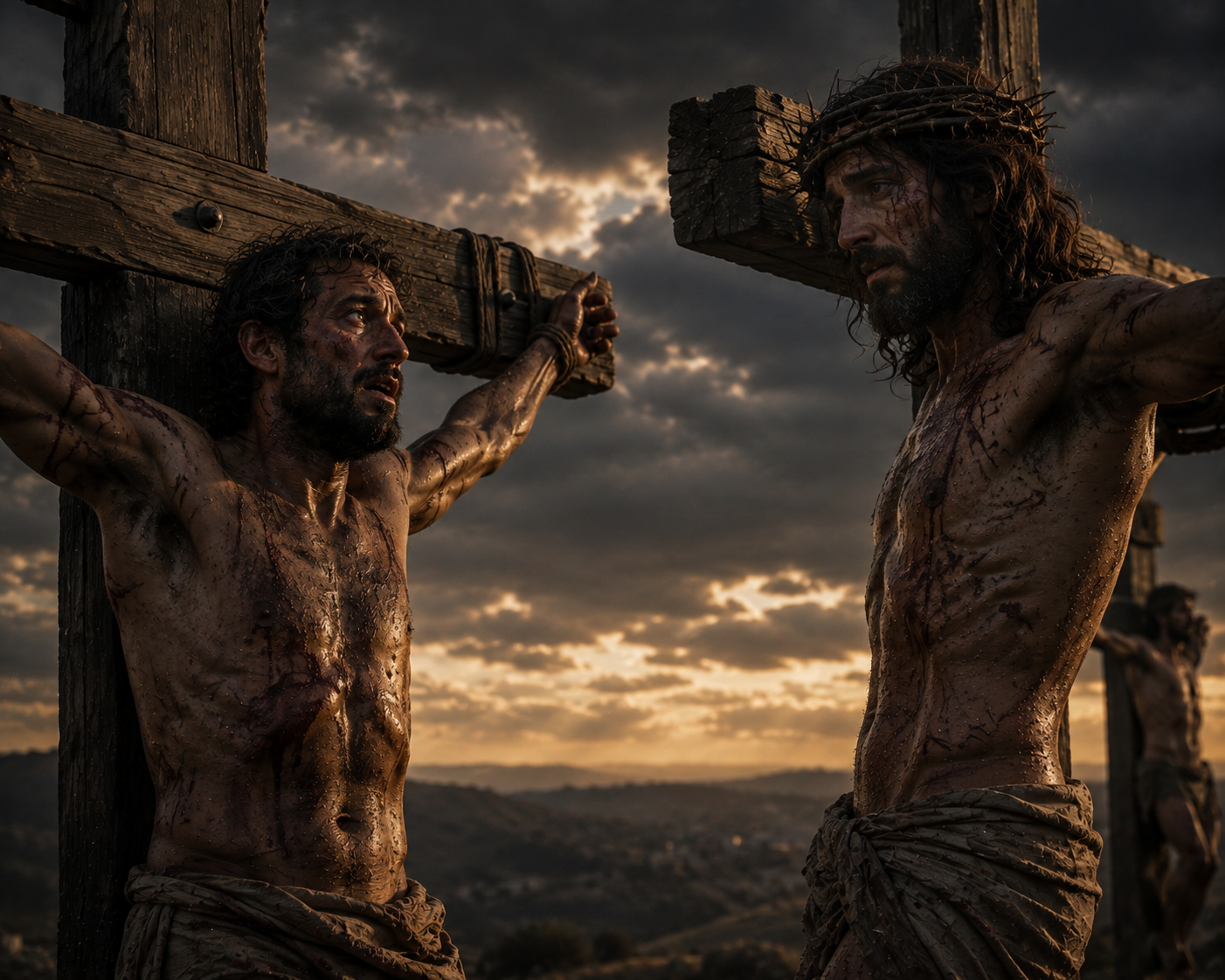 Jesus och en korsfäst man på korset intill vänder sig mot varandra under en mörk himmel, med ett tredje kors i bakgrunden.