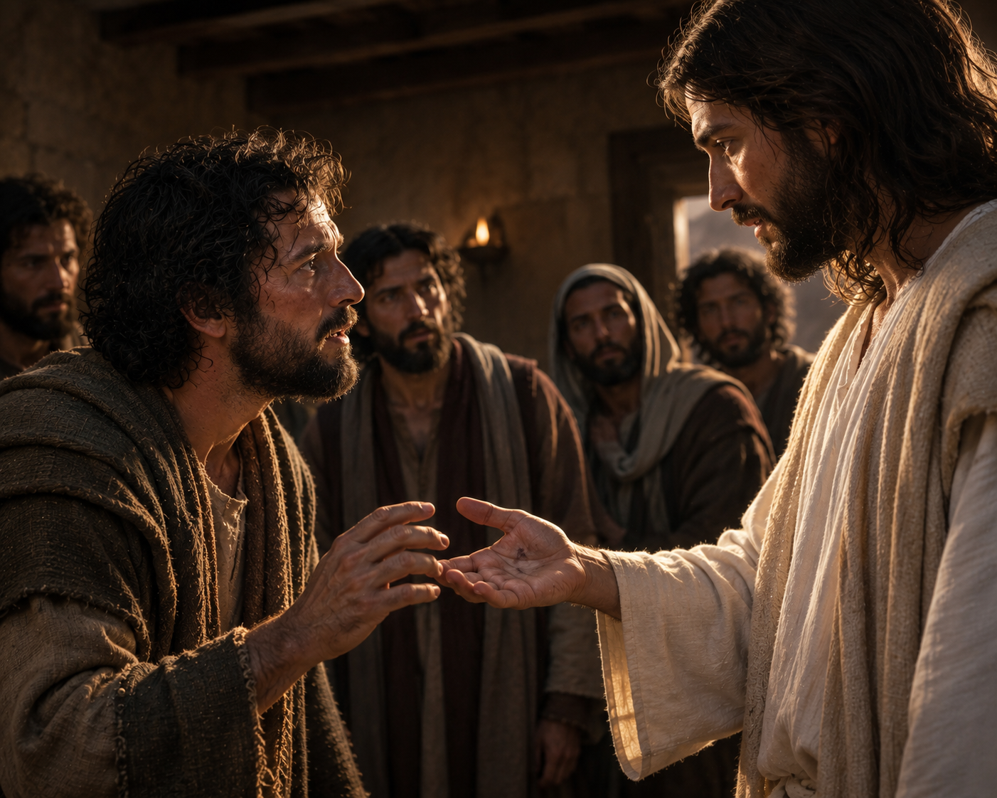 Jesus extends his wounded hand toward Thomas, who holds his hand close without touching it, while the disciples look on.