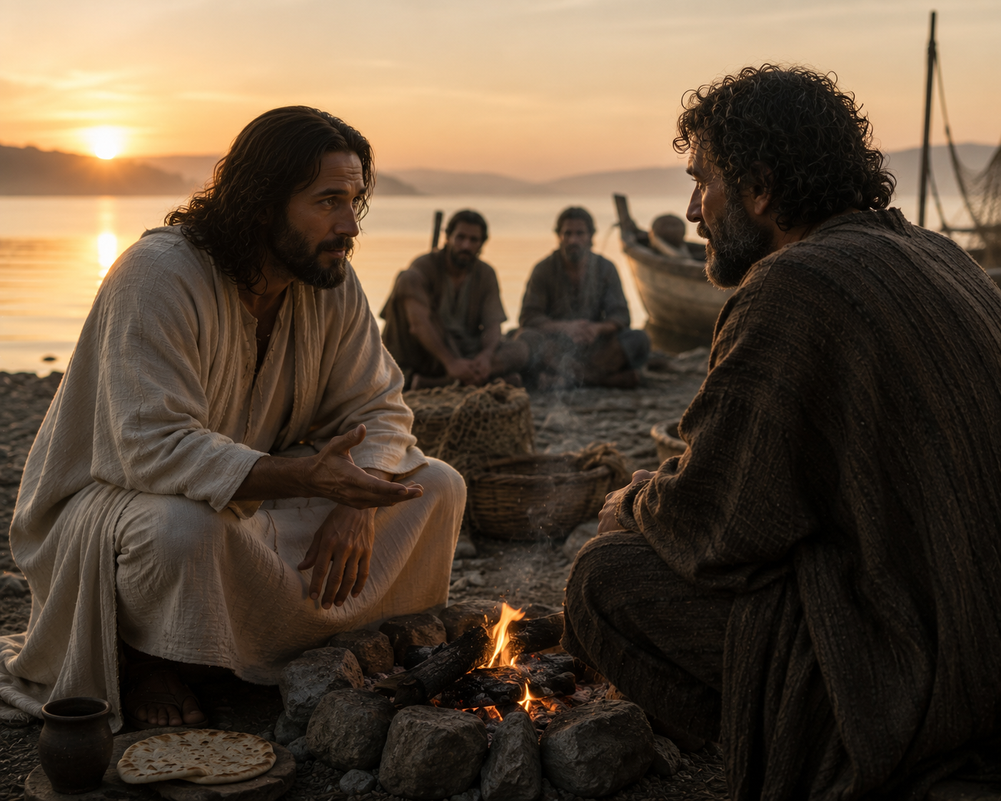 Jesus sits beside a charcoal fire on the shore speaking with Peter while other disciples and a fishing boat are visible by the lake behind them.